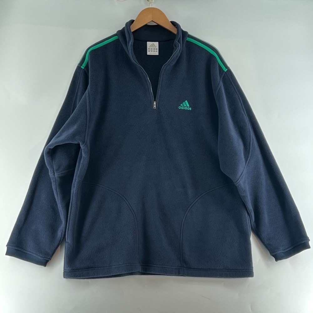 VTG  Adidas 1/4 Zip Fleece Pullover Men L Navy Green Striped Y2K 2002 Oversized